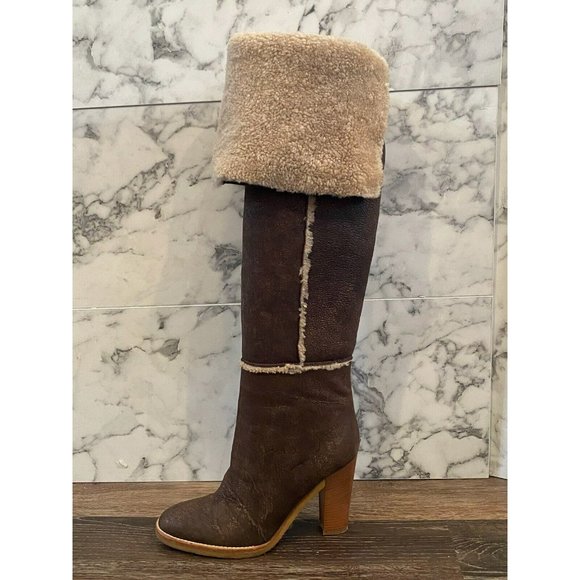 MICHAEL KORS Chocolate Brown Leather & Shearling Fold-Over Knee High Boots - 8.5 - Picture 2 of 10